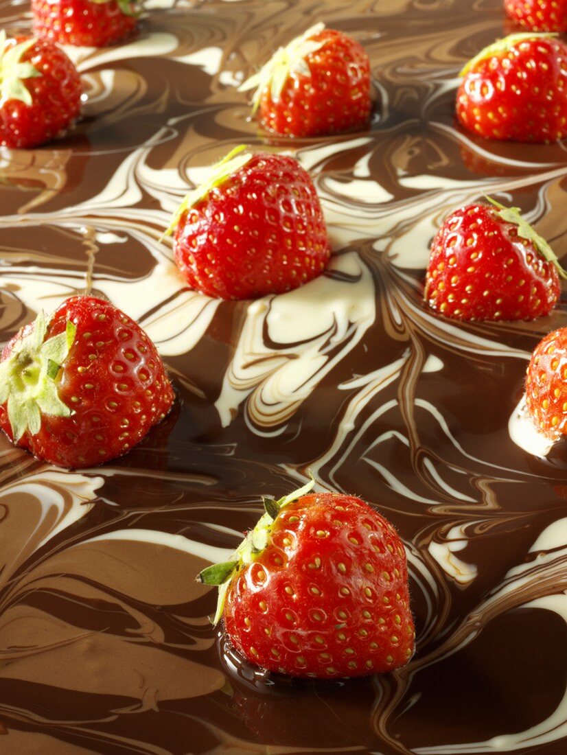 Marbled chocolate with fresh strawberries (full-frame)