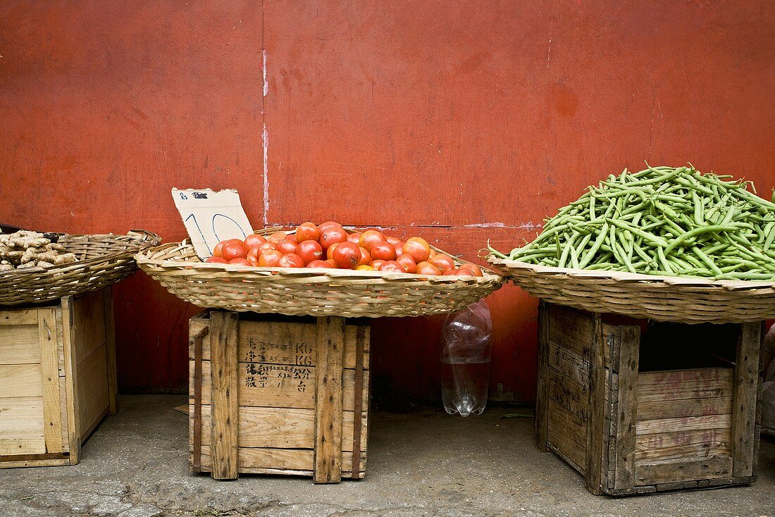 Baskets of vegetables at a market
