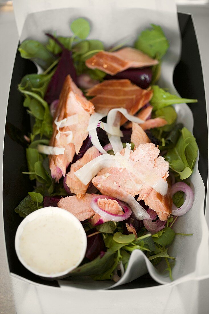 Mixed salad leaves with beetroot and wild salmon