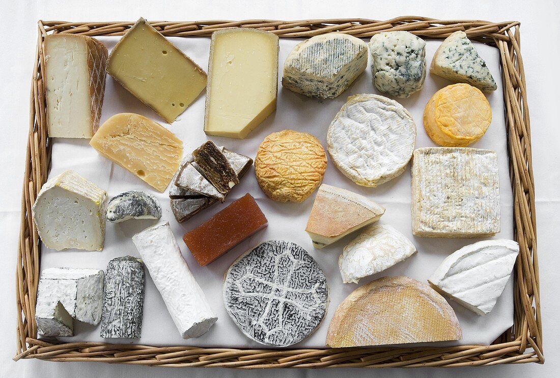 Various cheeses on tray