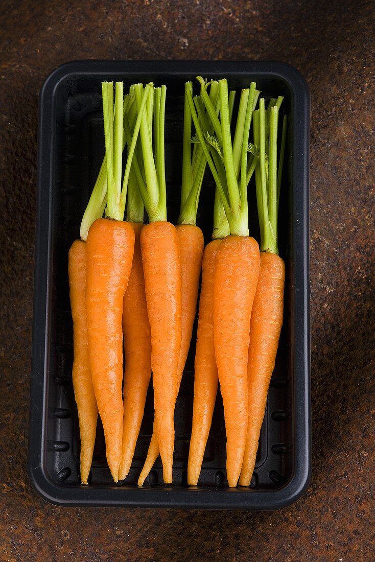Fresh carrots in plastic tray