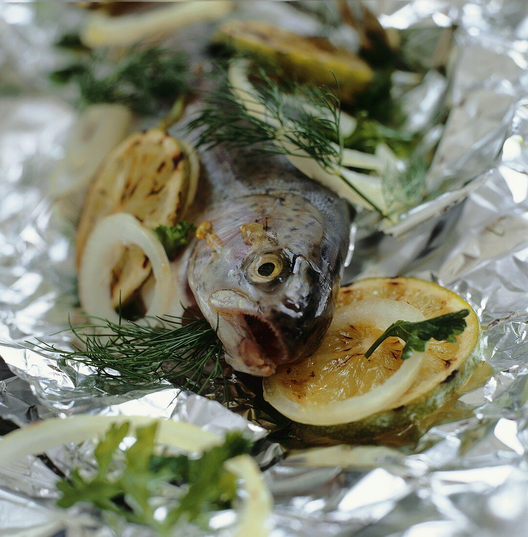 Trout with lime slices and dill in aluminium foil
