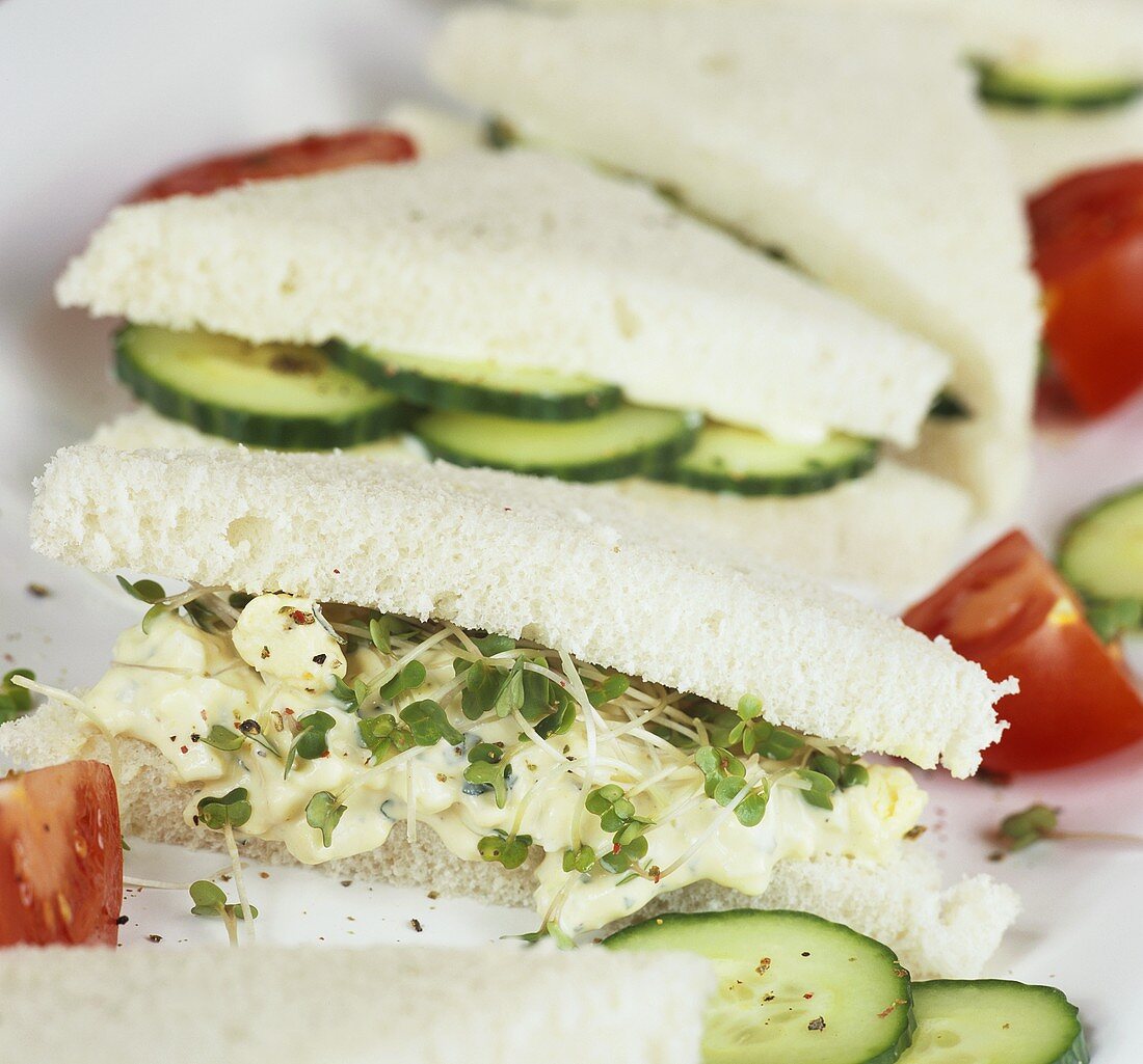 Egg mayonnaise and cress sandwich and cucumber sandwich