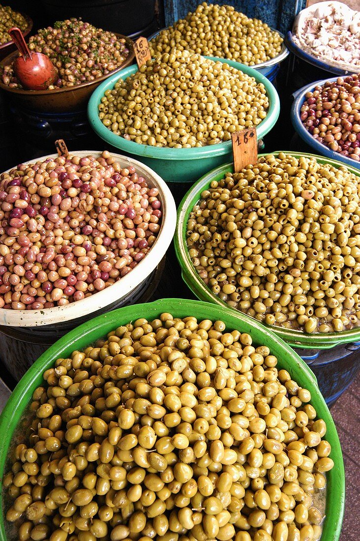 Pickled olives on a Moroccan market stall