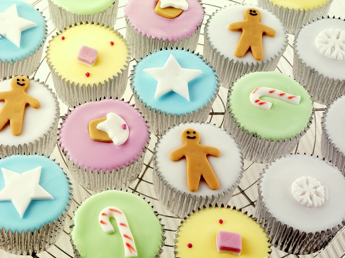 Assorted cupcakes on a cake rack