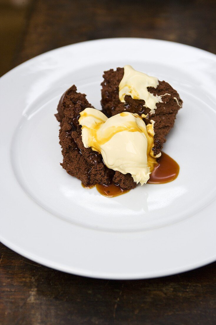 Chocolate mousse with vanilla ice cream and caramel sauce