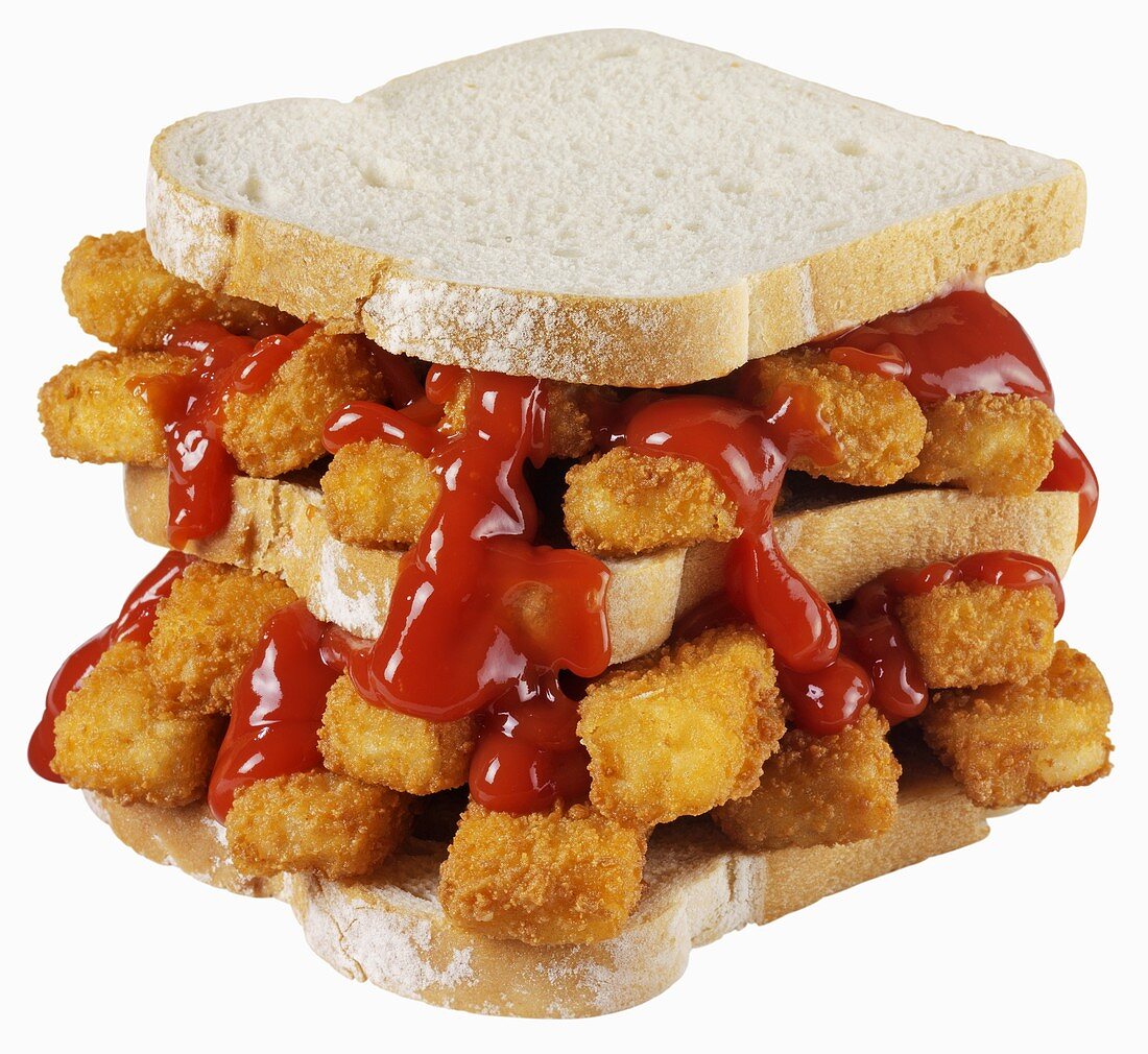 Double-decker fish finger sandwich with ketchup