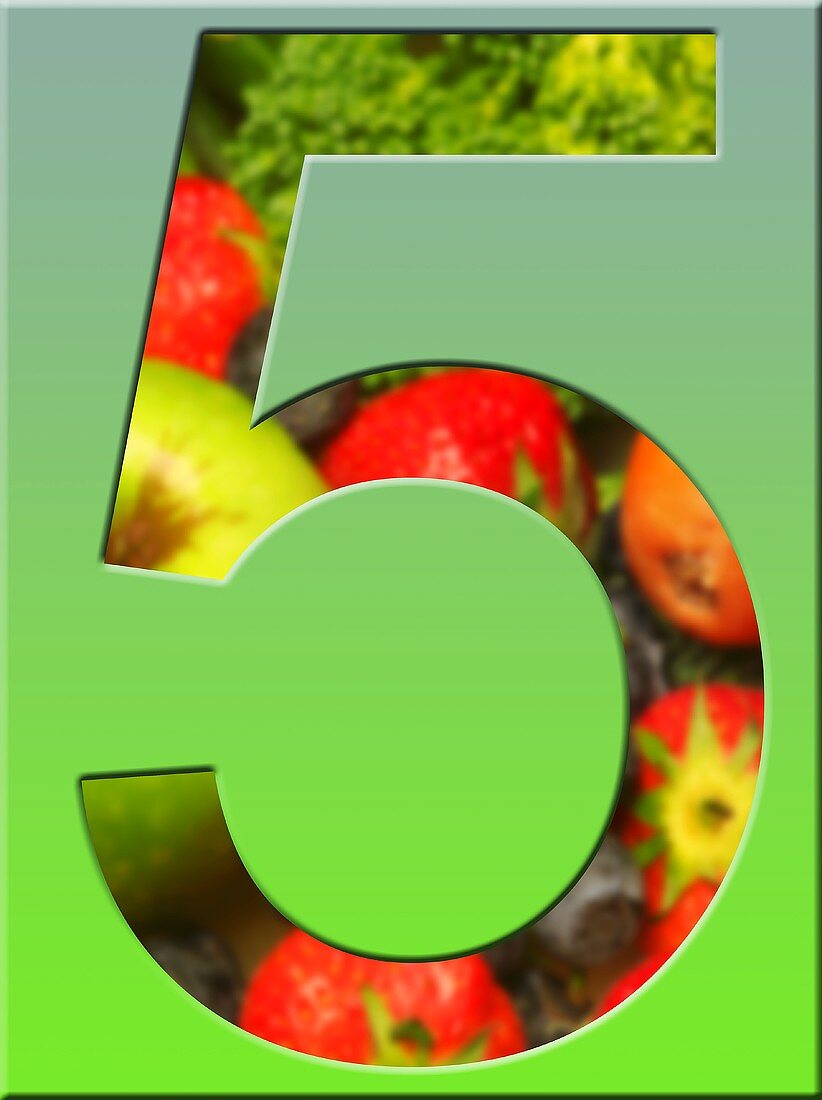 Fünf am Tag-Plakat, dargestellt mit Früchten