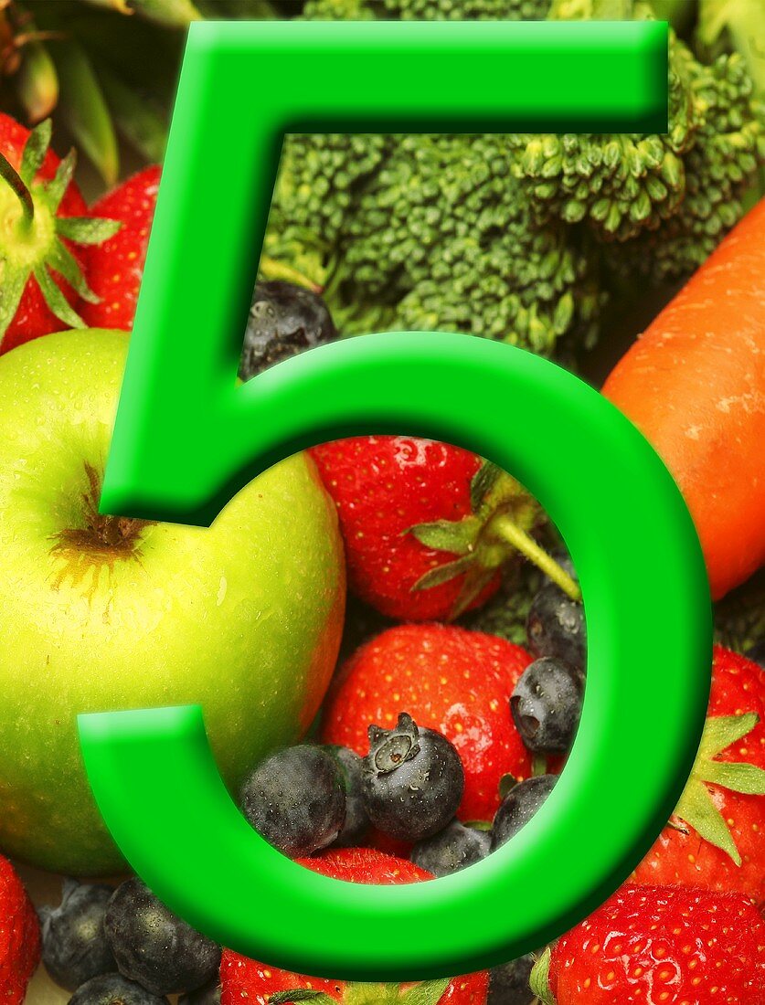 Five-a-day poster with green five on background of fruit & veg