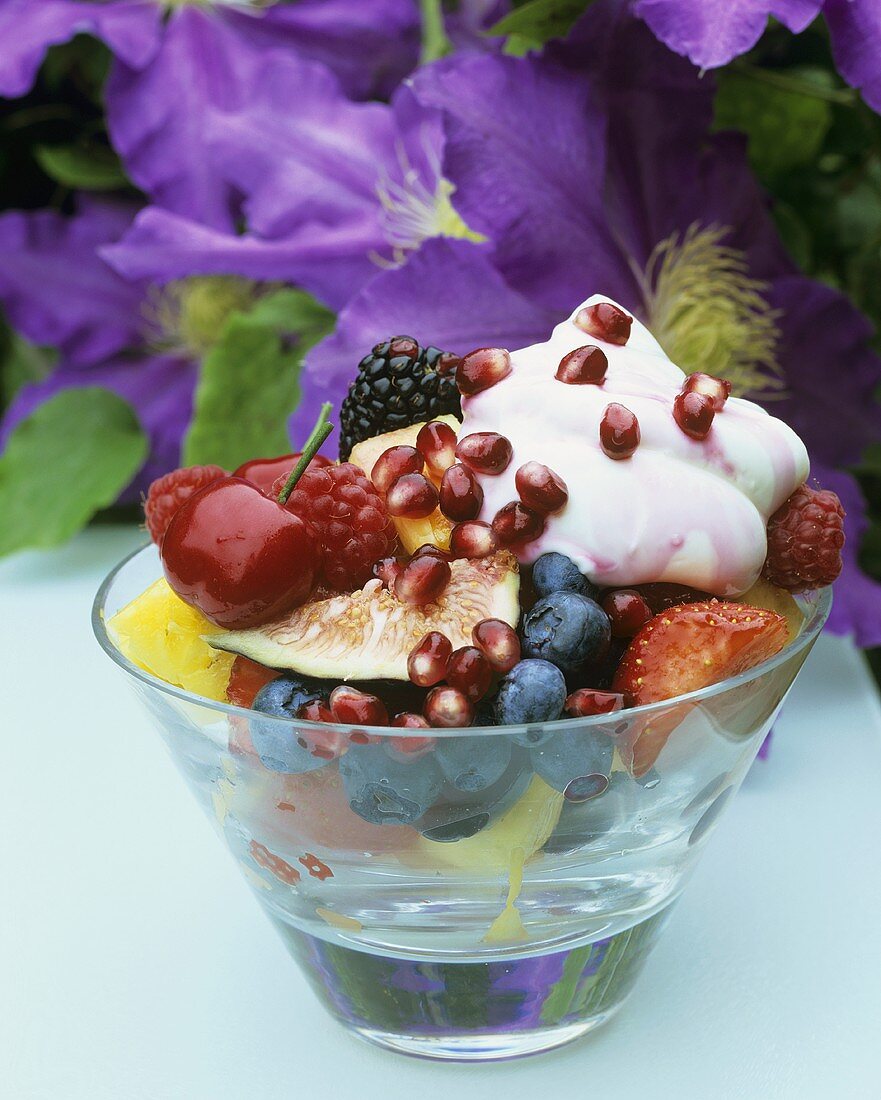 Fruit salad with pomegranate seeds & cream on garden table