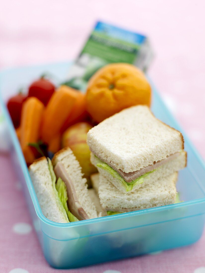 Sandwich, Gemüse und Obst in einer Lunchbox