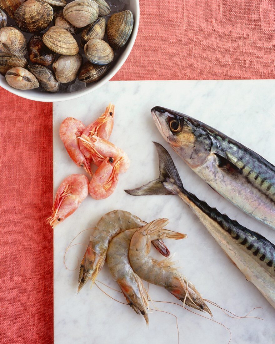 Fresh prawns, mackerel and shellfish