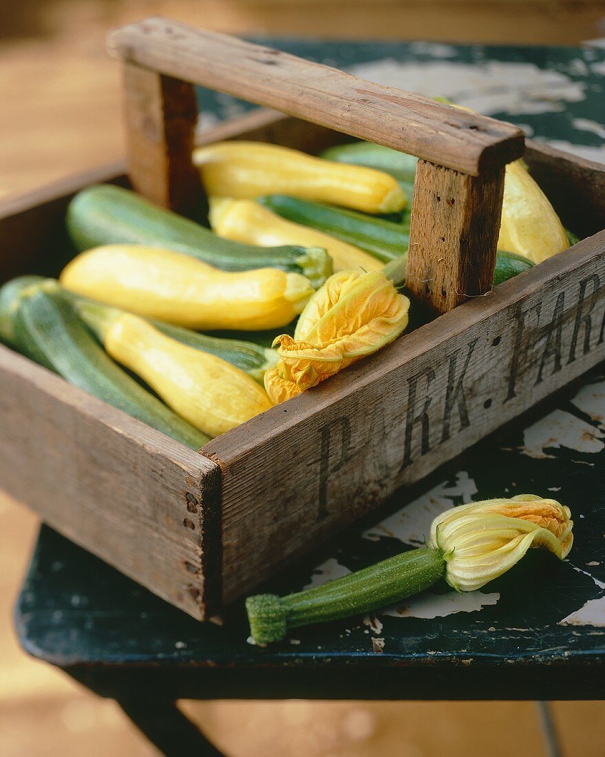 Yellow & green courgettes & courgette flowers in wooden basket