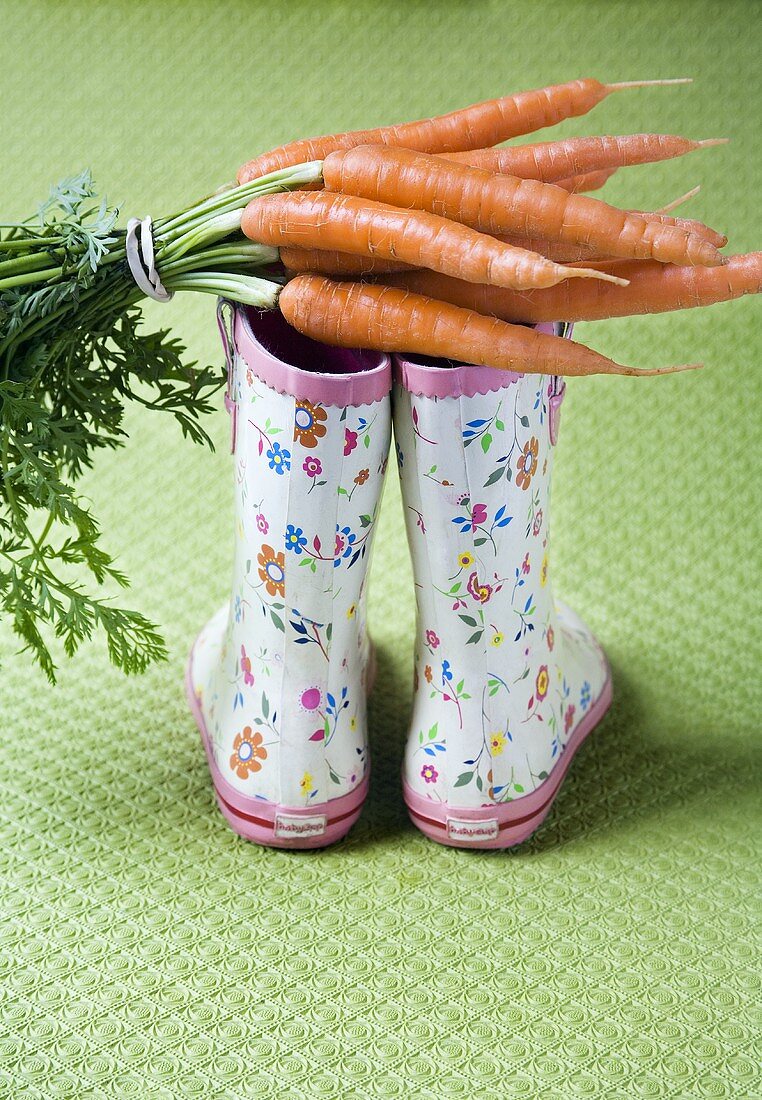 A bunch of carrots on a pair of child's rubber boots