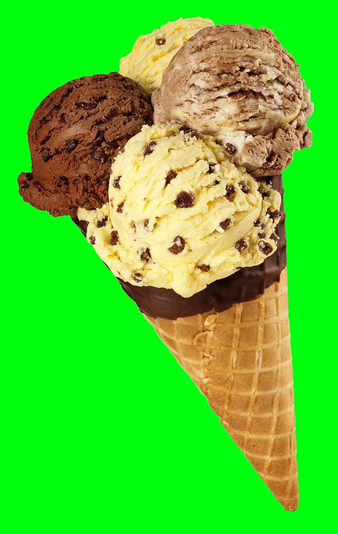 Ice cream cone with four scoops of ice cream