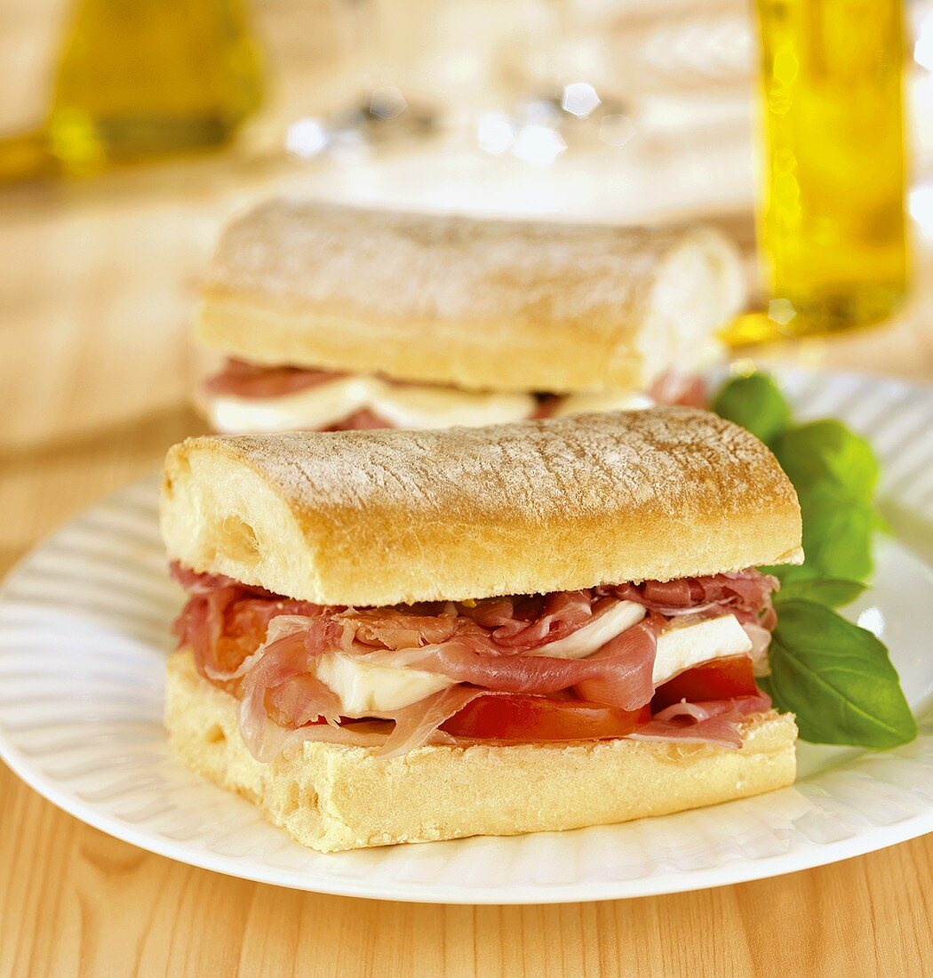 Ciabatta filled with Parma ham, tomatoes and mozzarella