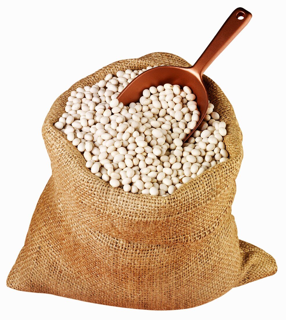 White beans in jute sack with scoop