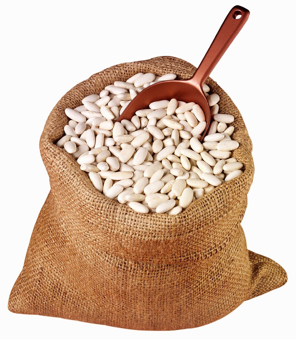 White beans in jute sack with scoop