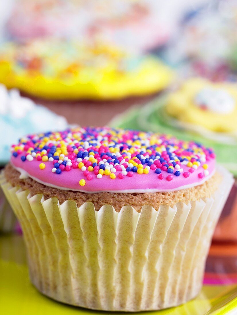 Decorated, iced cupcakes