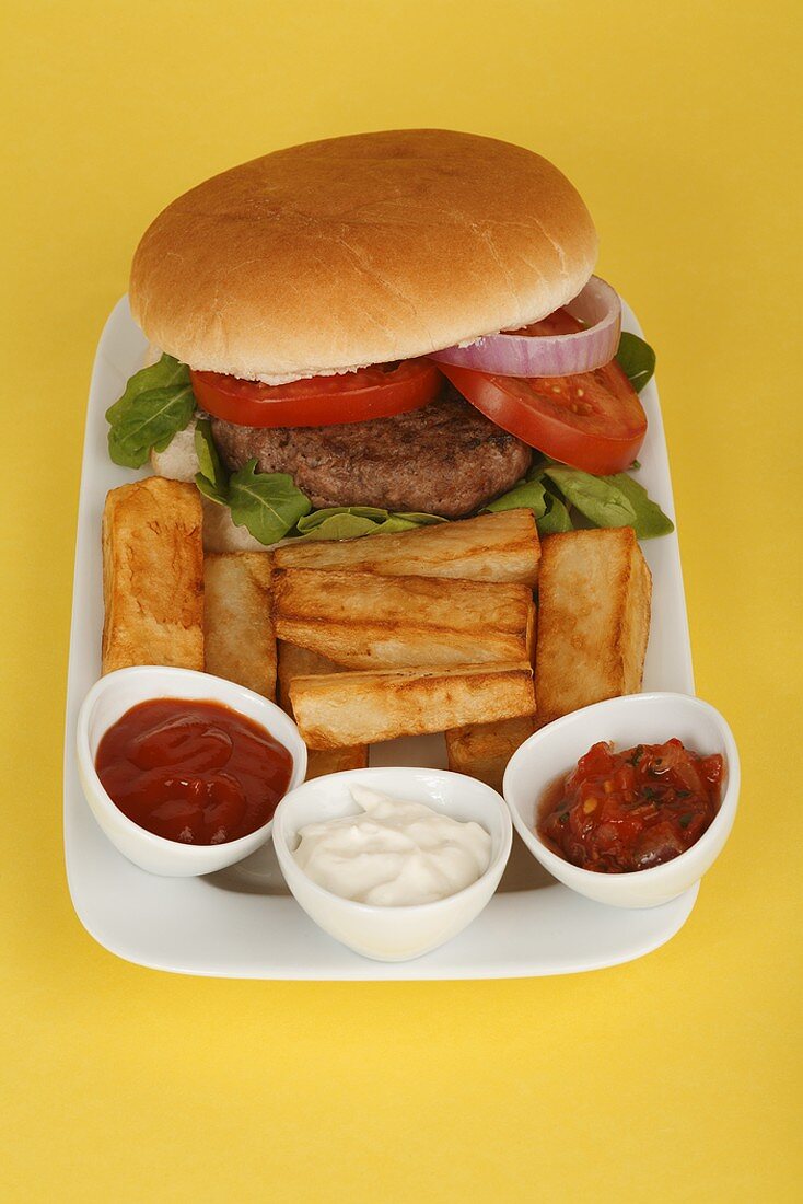 Burger mit Rucola, Pommes und Dips