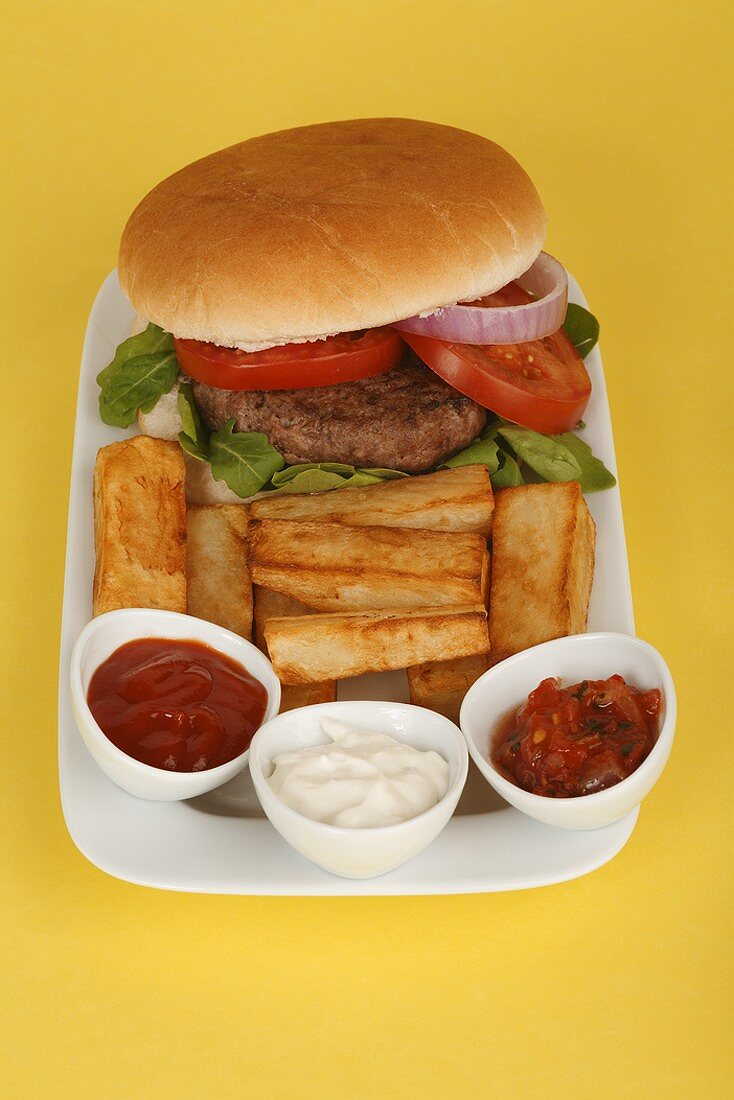 Burger with rocket, chips and dips