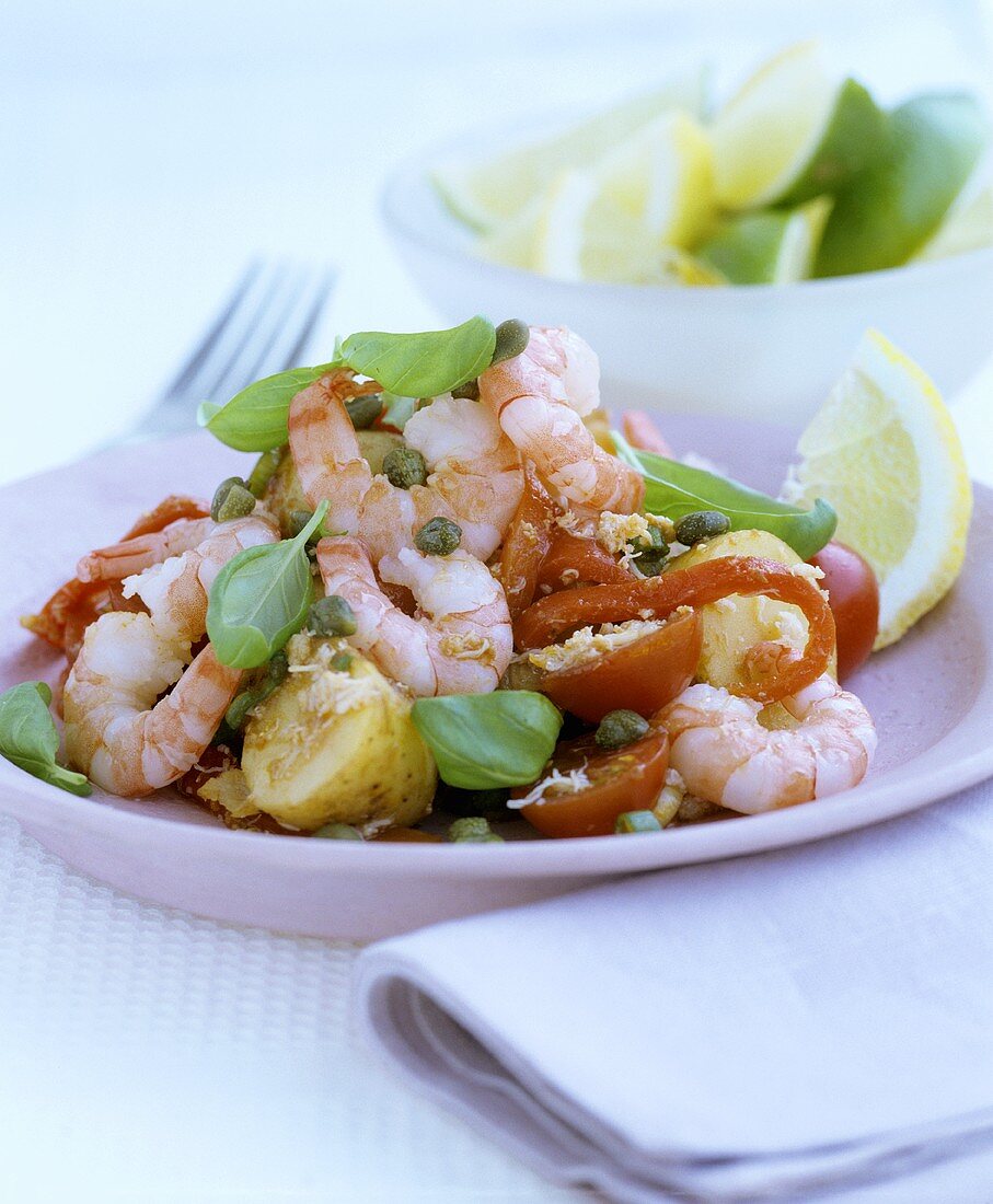 Prawn, potato and tomato salad with capers and basil