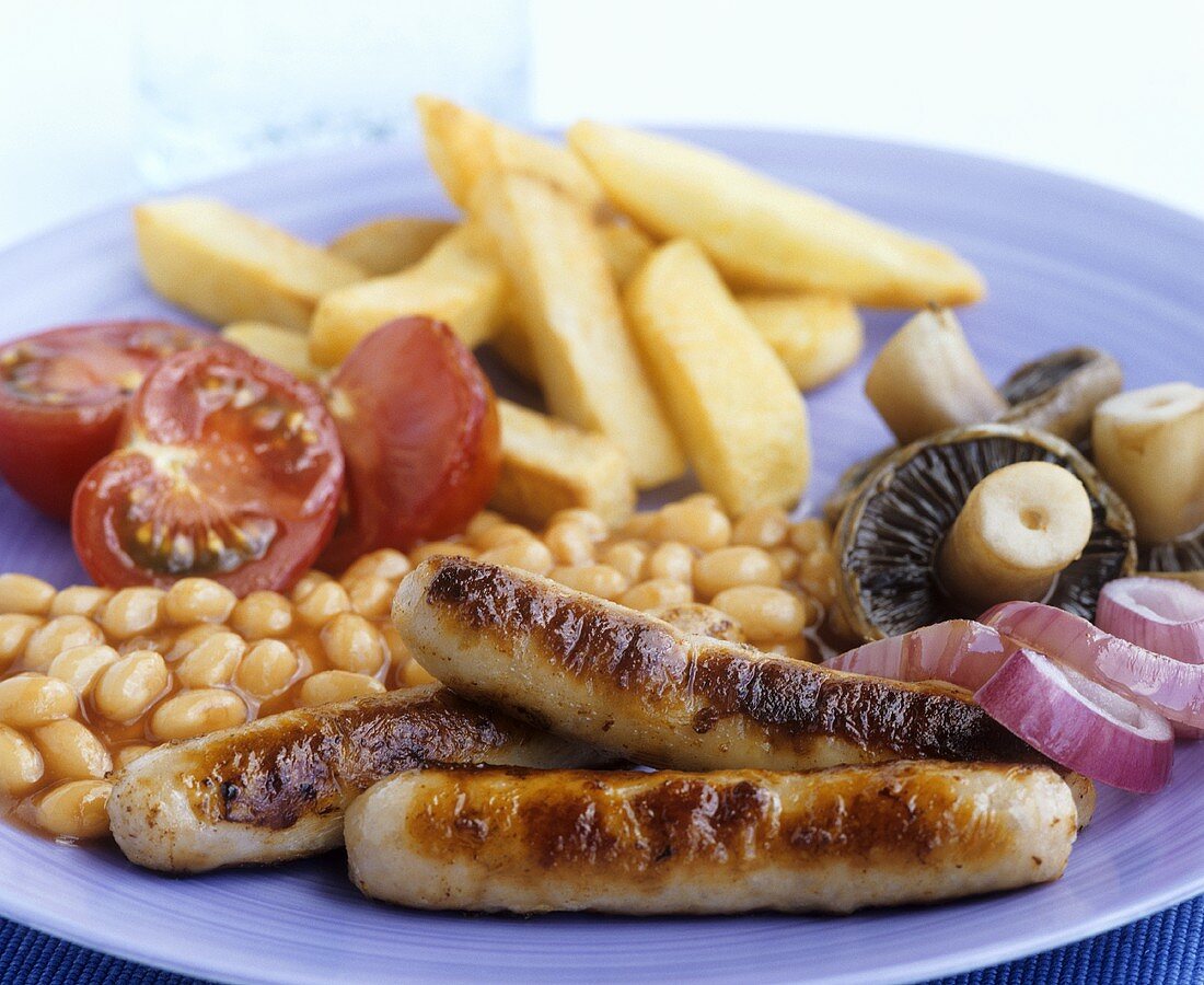Sausages, baked beans and chips