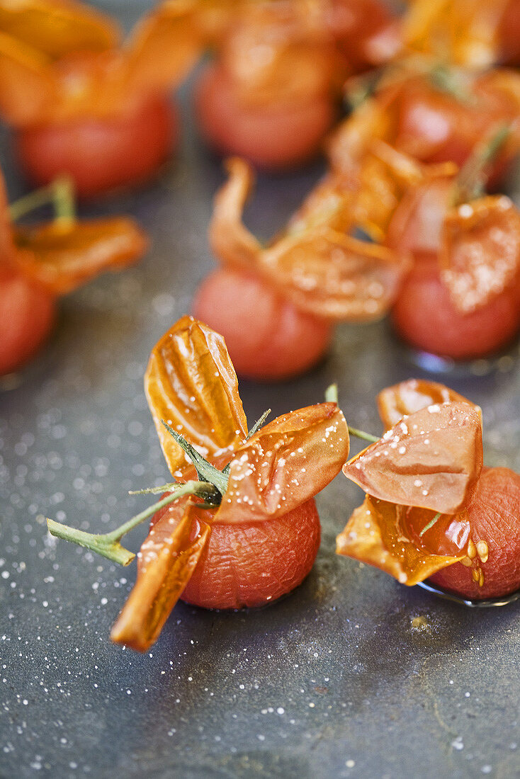 Baked tomatoes on a baking tray