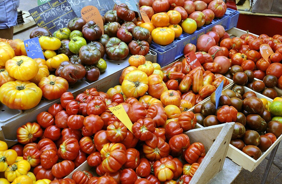 Various types of tomatoes on a market stall
