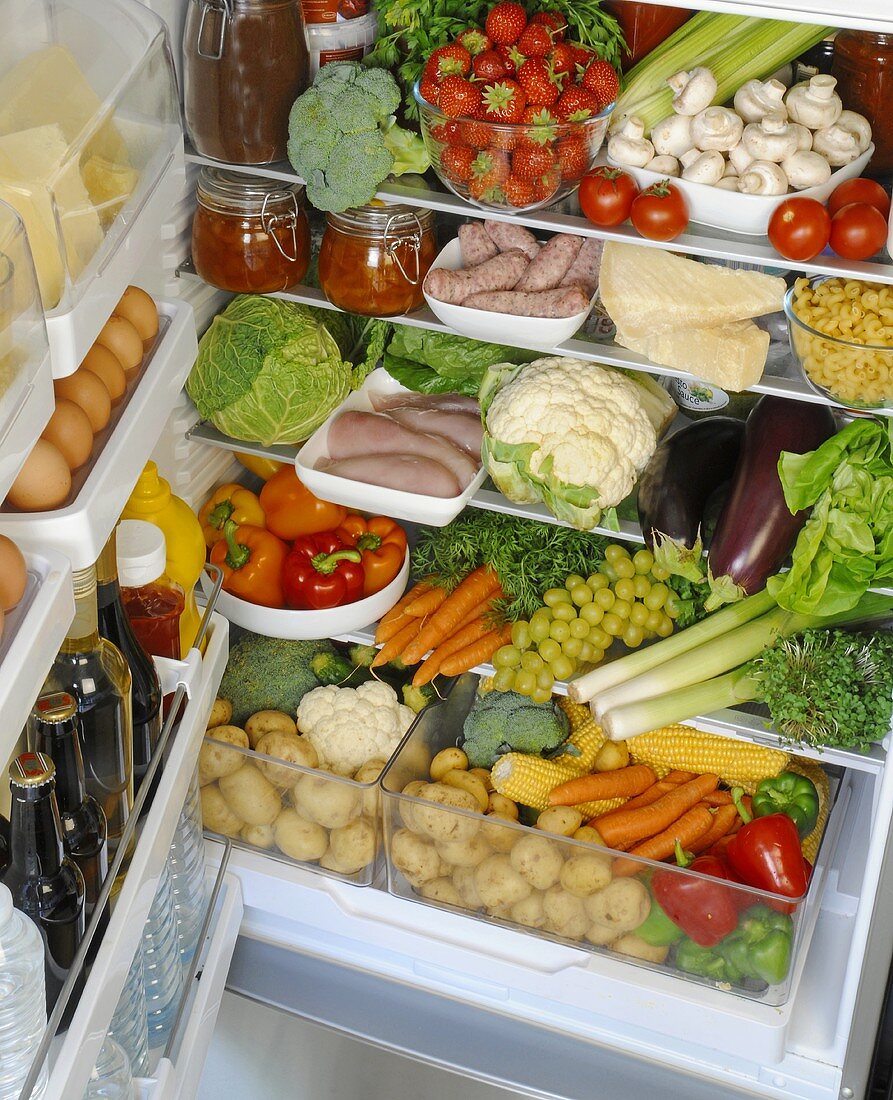 Various foods in a refrigerator