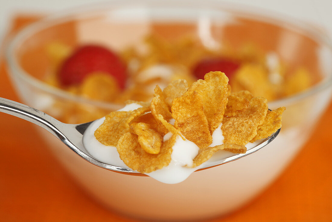 Schüssel und Löffel mit Cornflakes, Erdbeeren und Joghurt