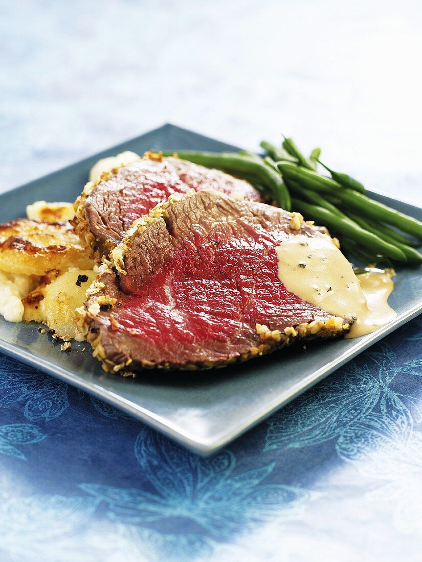 Roast Aberdeen Angus beef with roast potatoes & green beans