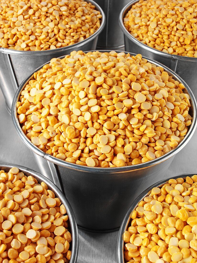 Yellow split peas in buckets