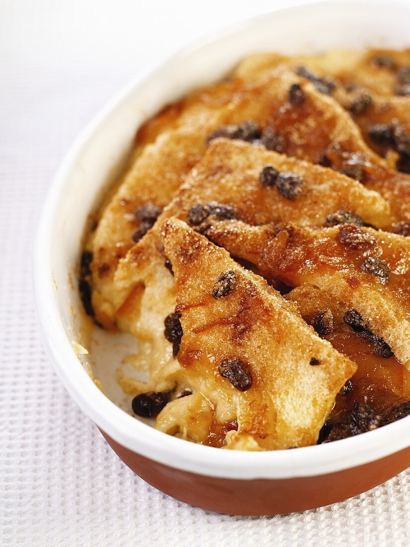 Bread and butter pudding in a baking dish