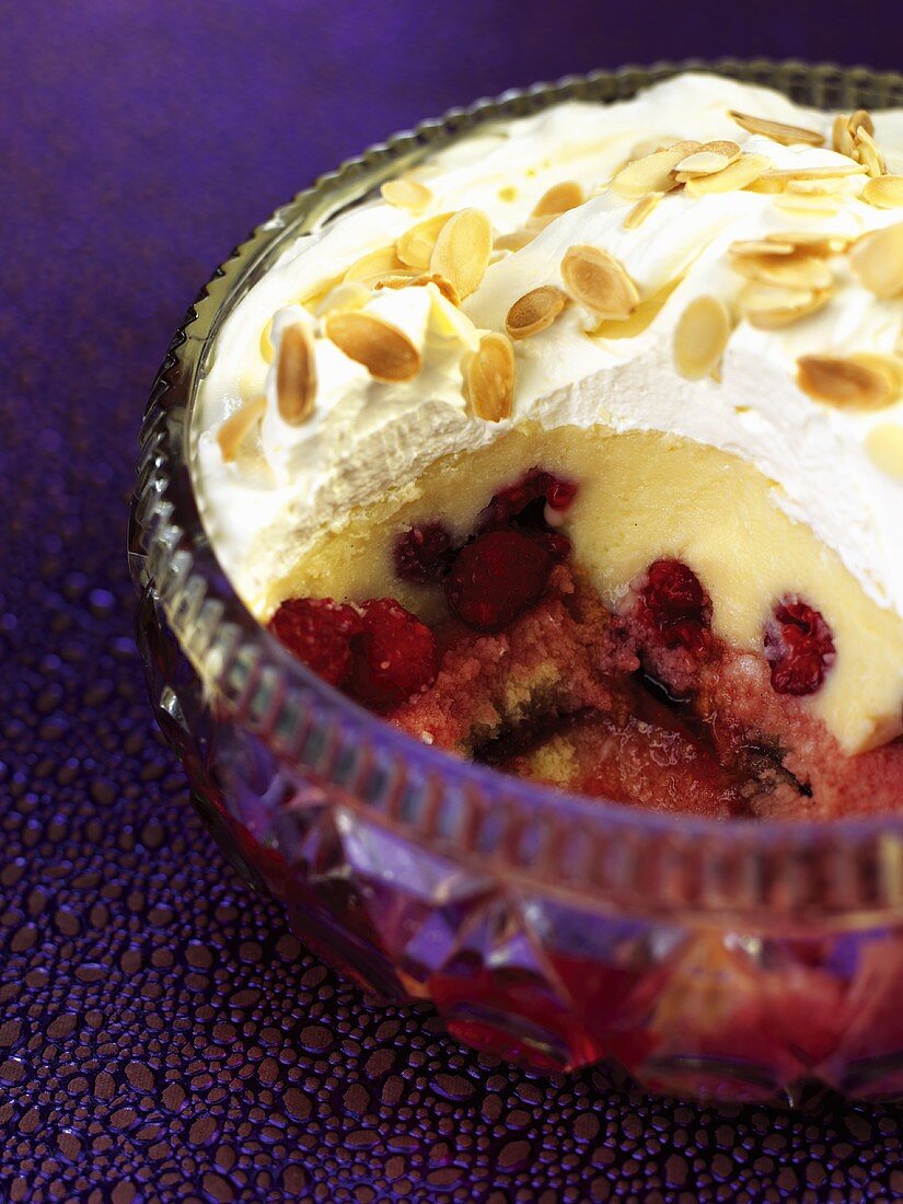 Raspberry trifle in a glass bowl