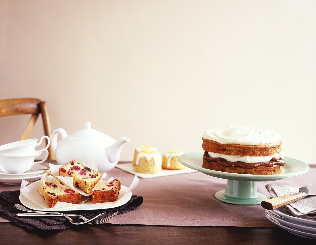 Cherry and almond cake, lemon cakes, banana caramel cake