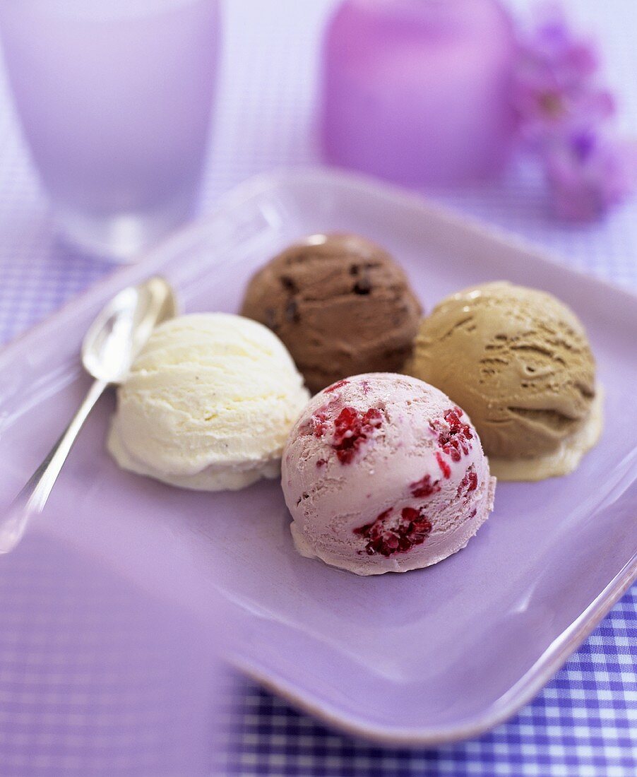 A scoop of vanilla, chocolate, caramel and raspberry ice cream