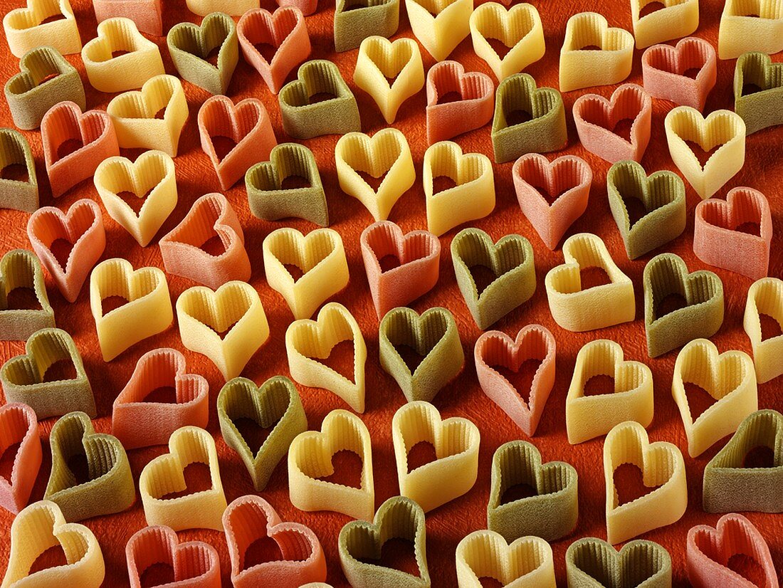 Coloured heart-shaped pasta