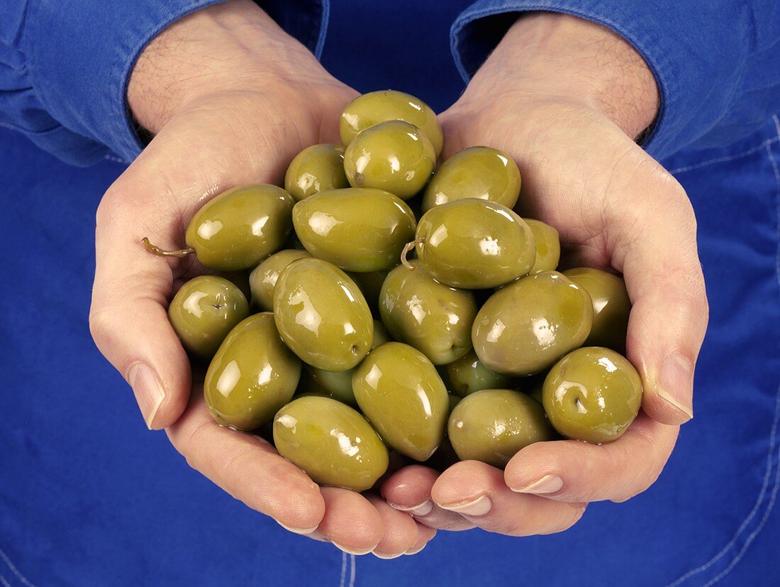 Hands holding green olives