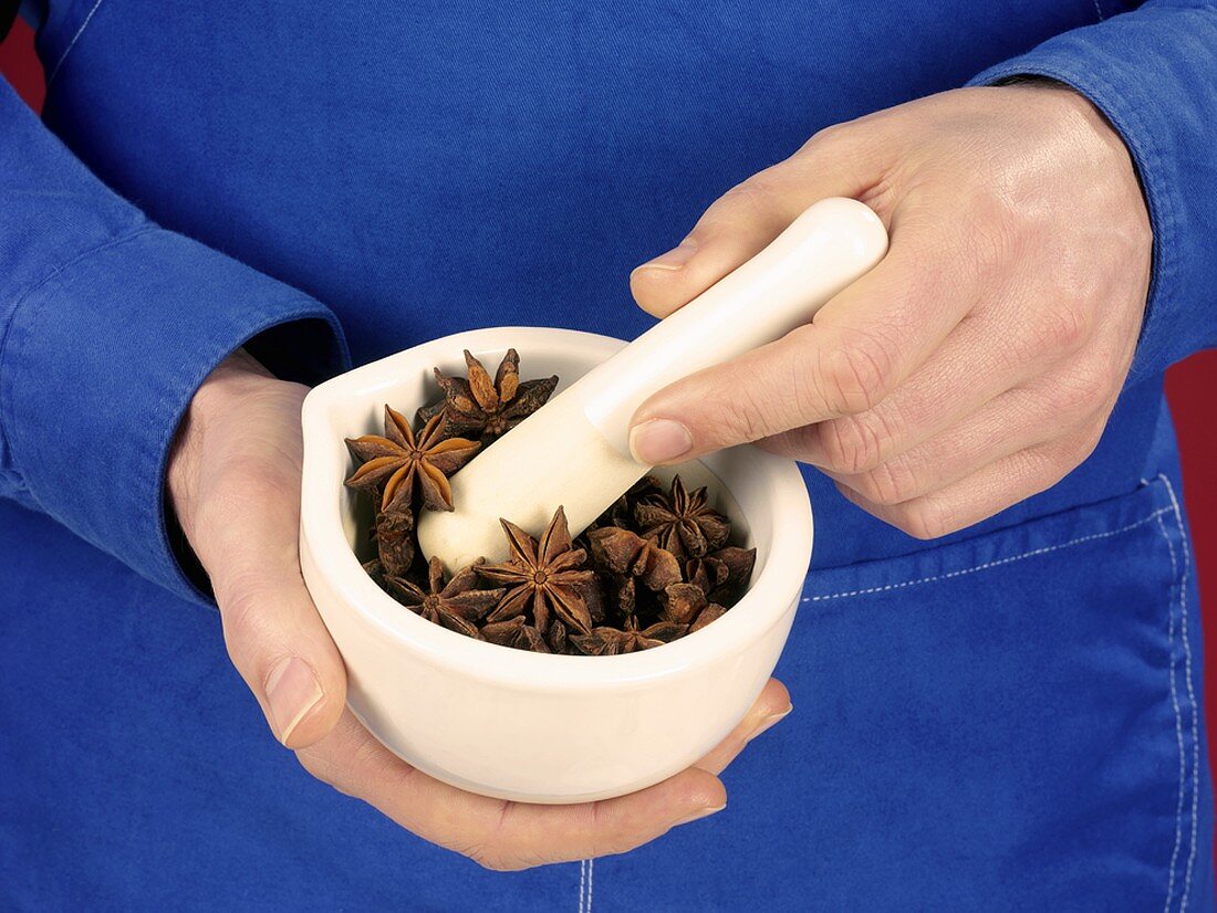 Hands holding mortar containing star anise