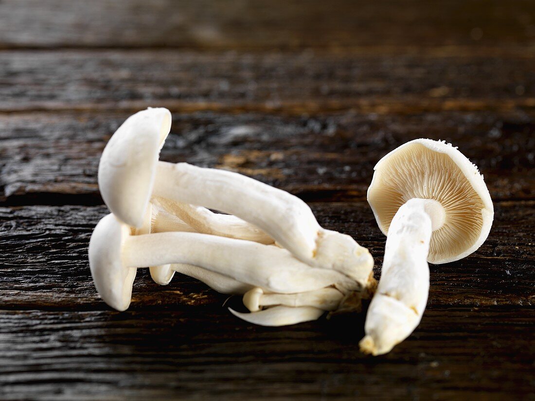 Shimeji mushrooms on wooden background