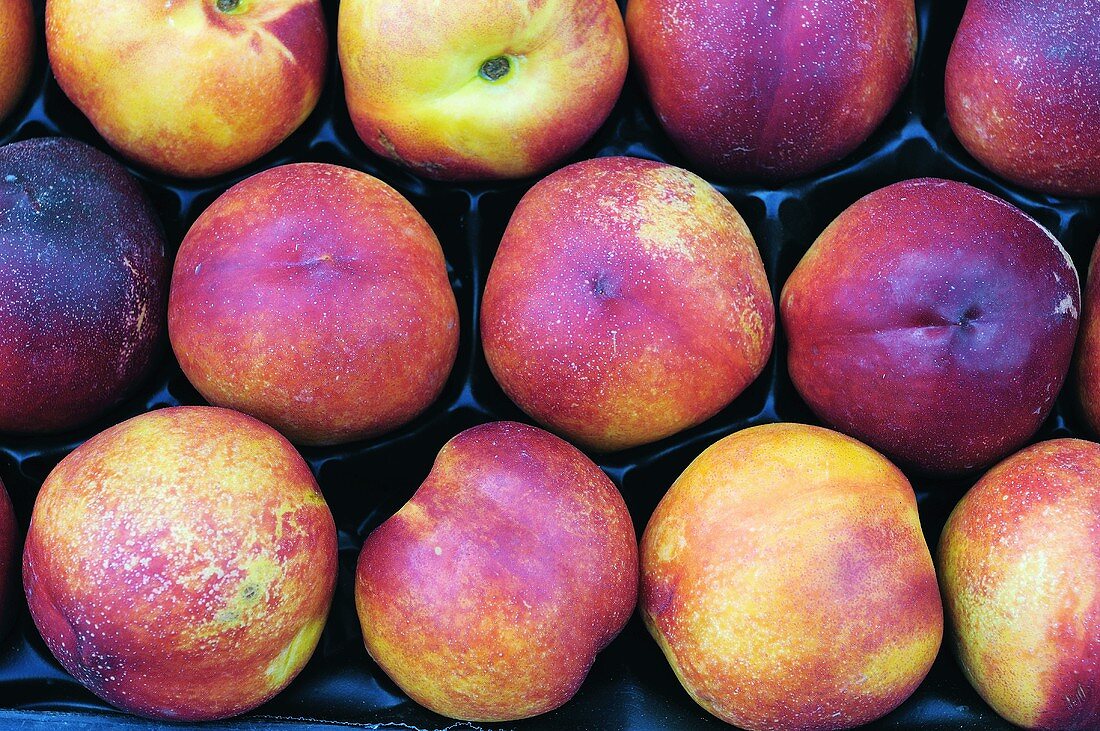 Nectarines in a crate on a market stall in Lazio, Italy