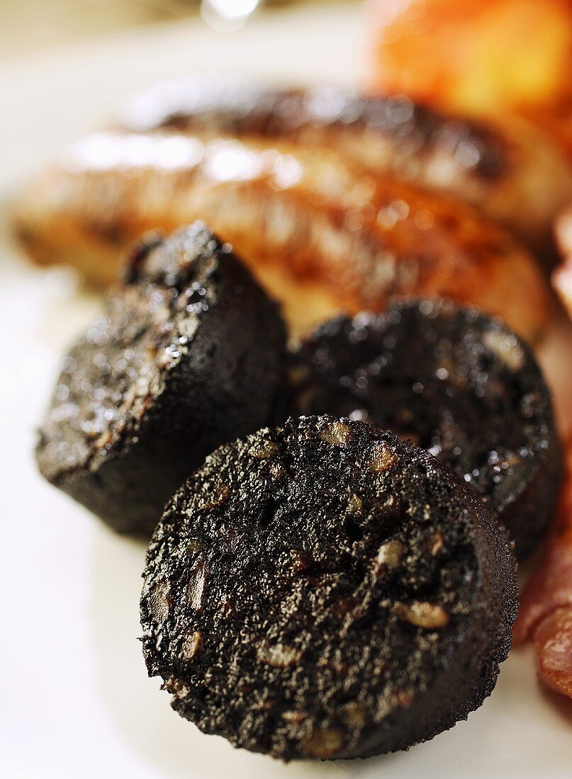 Slices of fried black pudding
