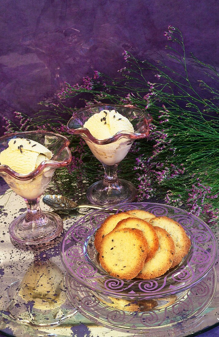 Slices of lavender cake with lavender ice cream
