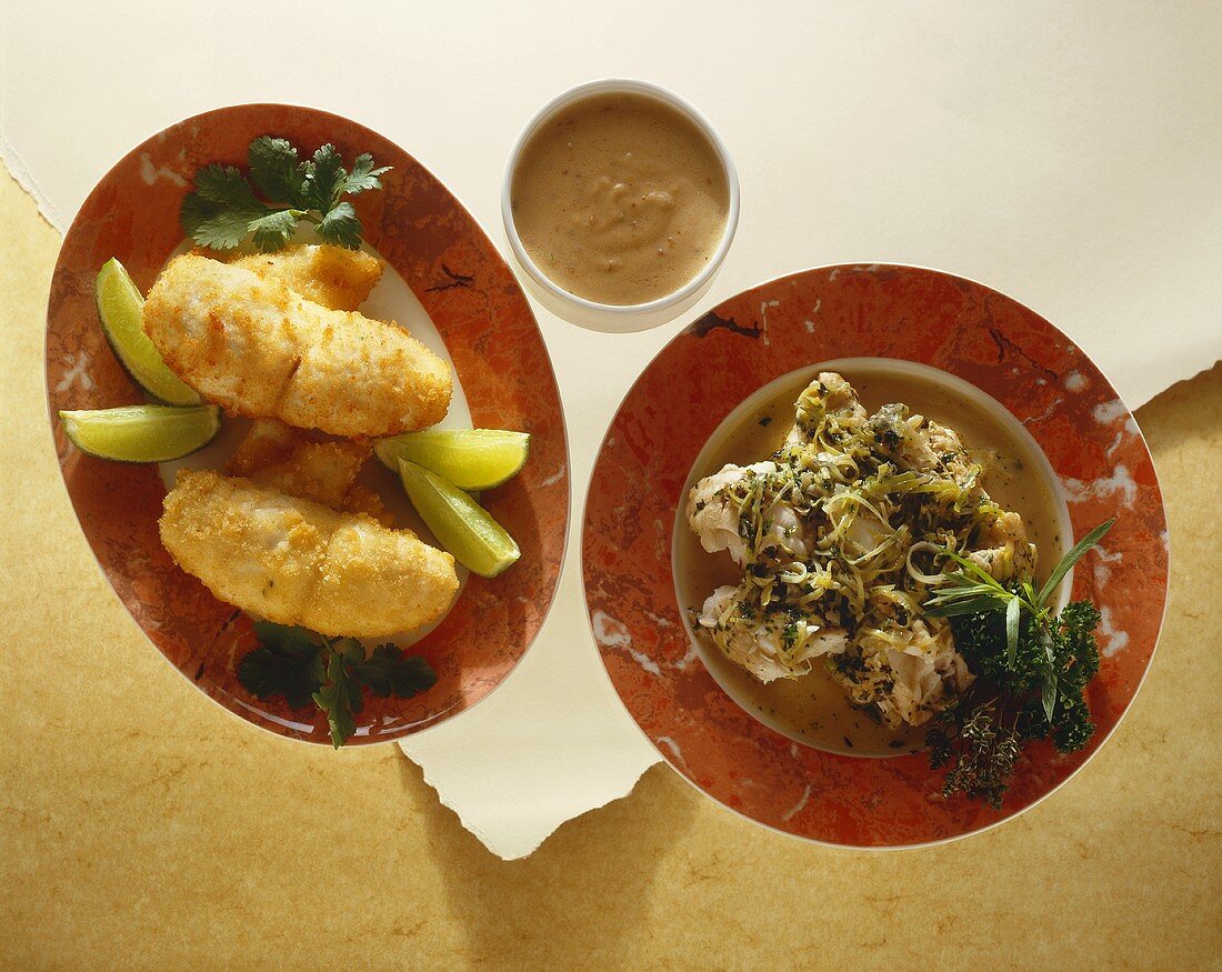 Sole with peanut sauce and monk fish with a herb sauce