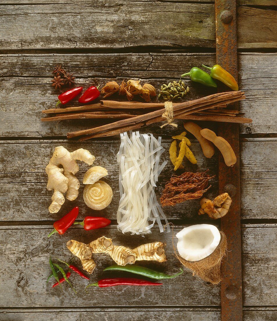 Asian ingredients (chilli peppers, ginger, coconut, rice noodles)