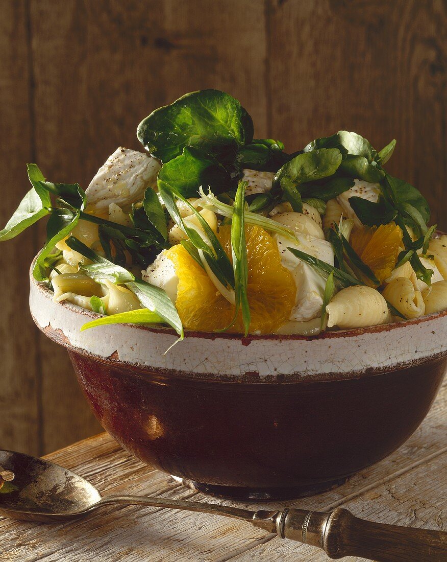 Conchiglie pasta with goat's cheese, cress and oranges