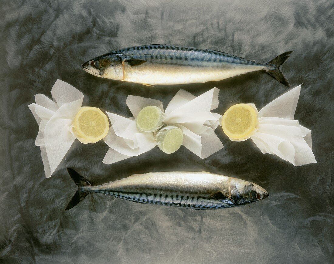 Two mackerels and lemons in muslin cloths
