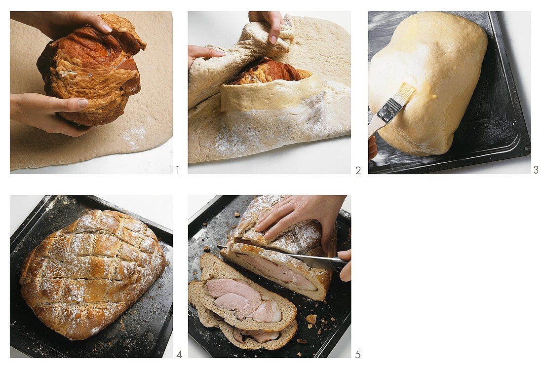 Preparing ham in bread dough