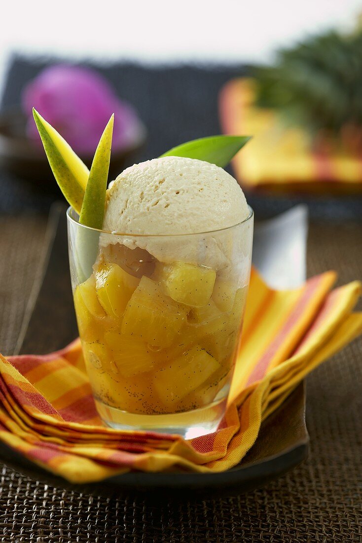 Fruit salad with Amarula ice cream